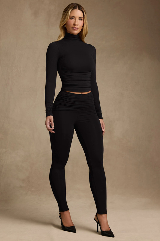 Modal Ruched Mid-Rise Leggings in Black - Size:XS - Fit:Tall
